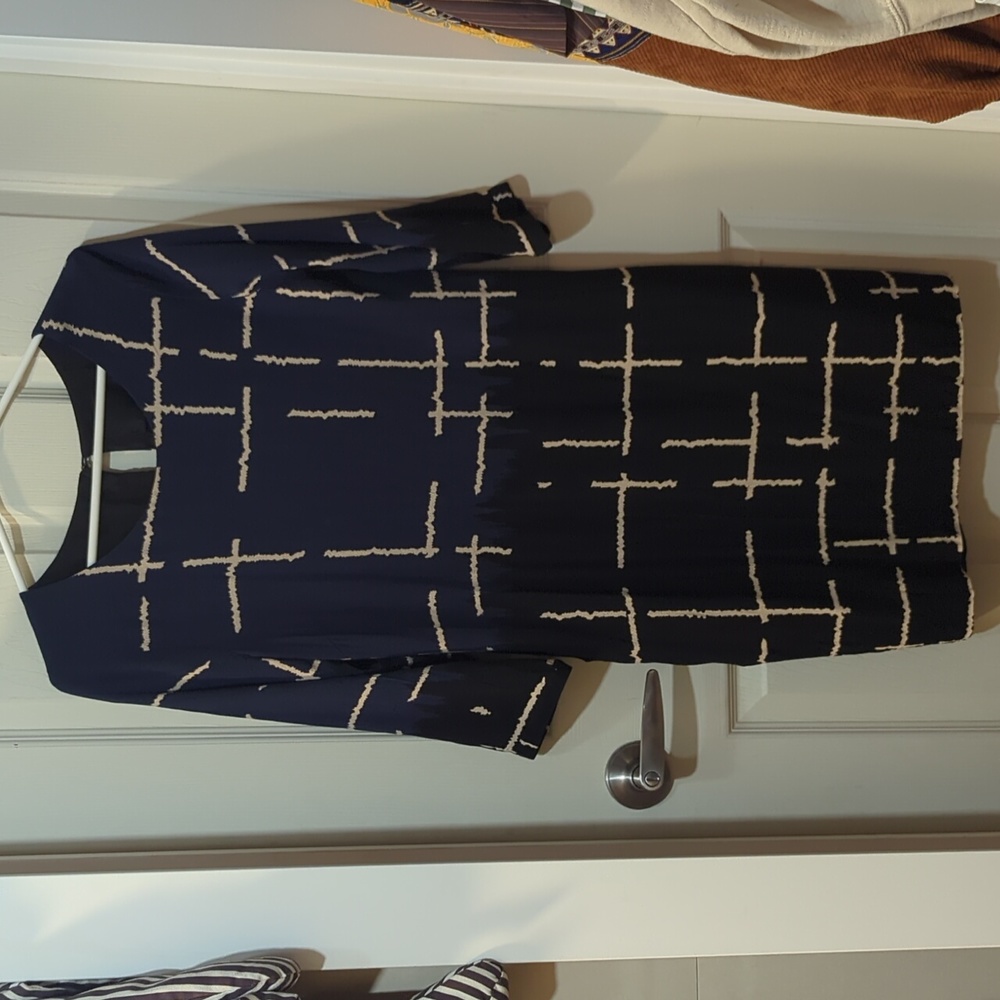 Navy and Cream Grid-Print Midi Dress